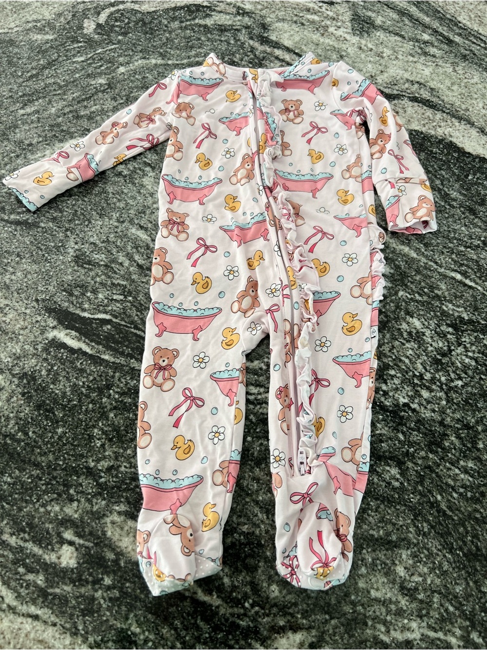Caden Lane Pink Bath & Teddy Print Zip Footie